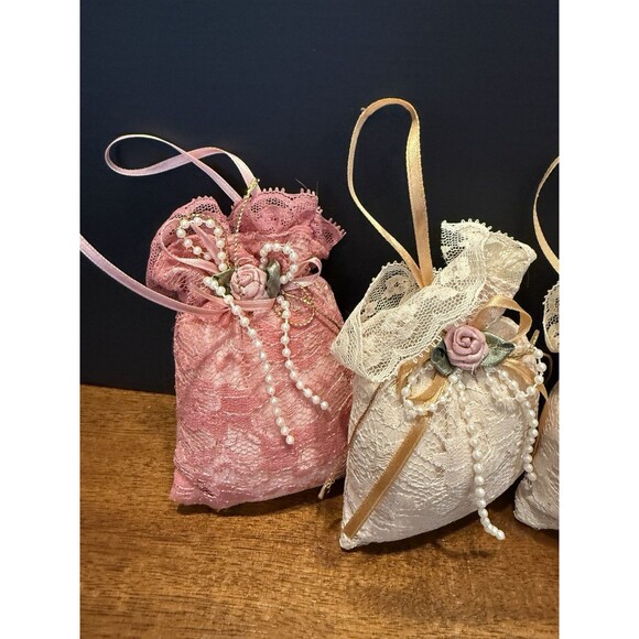 4 Miniature Pearl & Rose Lace Bags Ornaments Pink Cream Victorian Decor Set - Picture 2 of 7